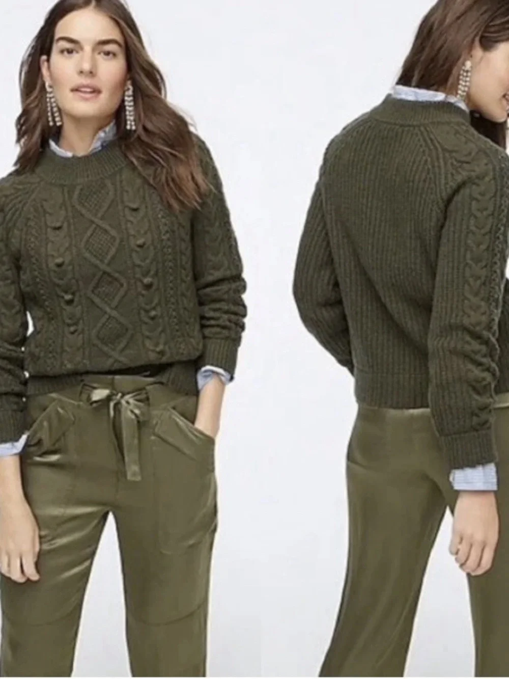 J.CREW Olive Green AZRA Cable Knit Pom-Pom Lambswool Sweater Sz Small